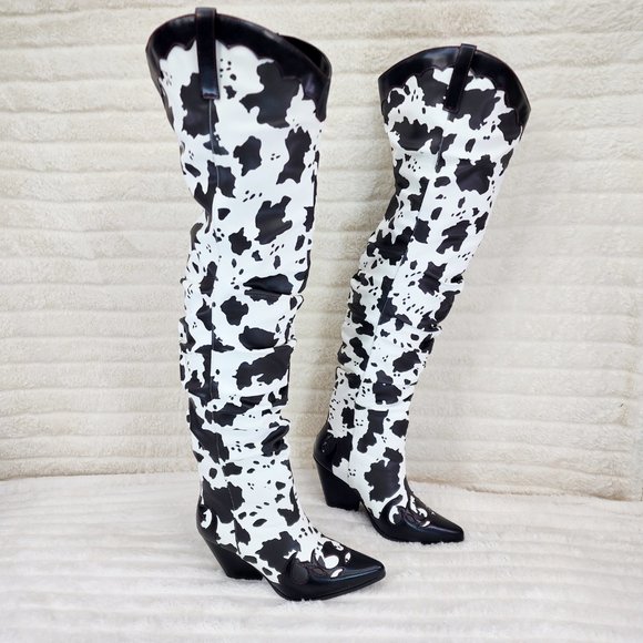Western White & Black Cow Print OTK Thigh High Slouch Cowboy Boots - Picture 1 of 13